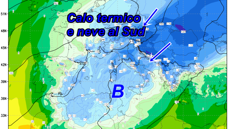 Brusco calo termico e neve verso il Sud